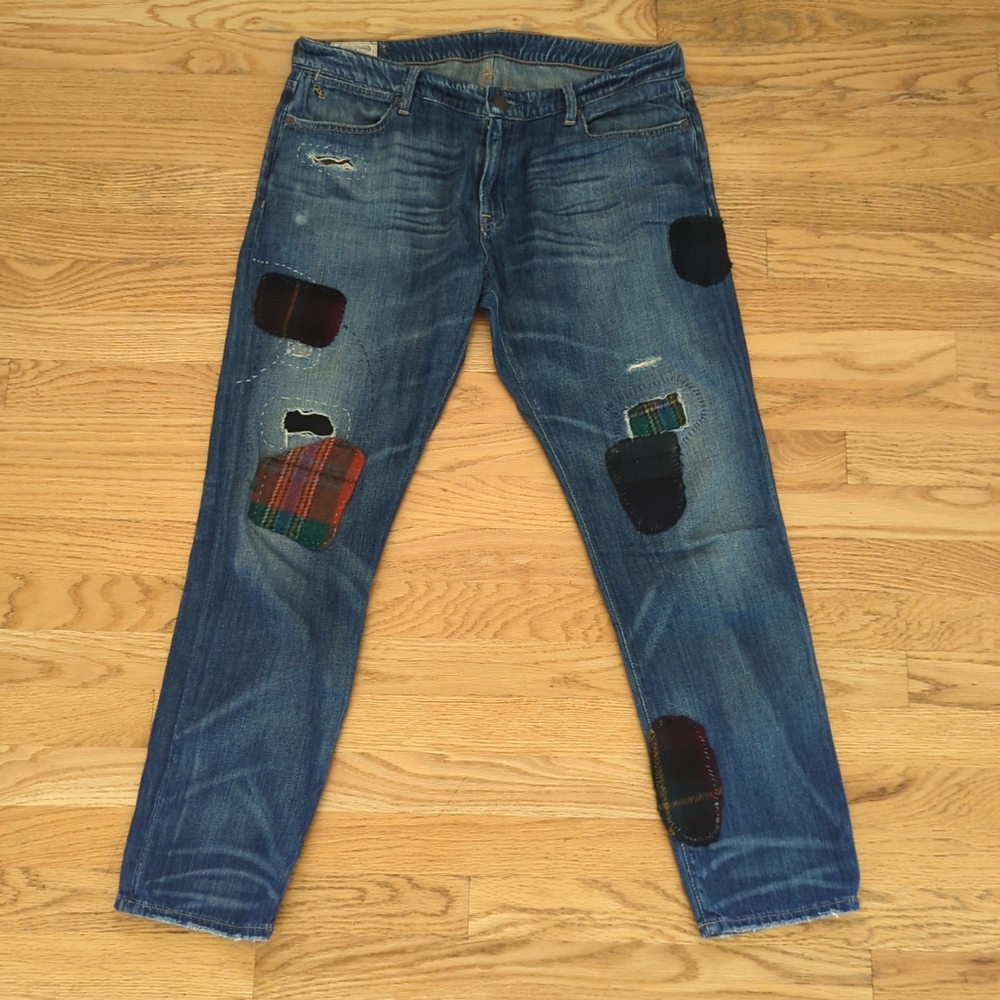 POLO RALPH LAUREN Astor Slim Boyfriend Plaid Flannel Patchwork Jeans Size 31 M45